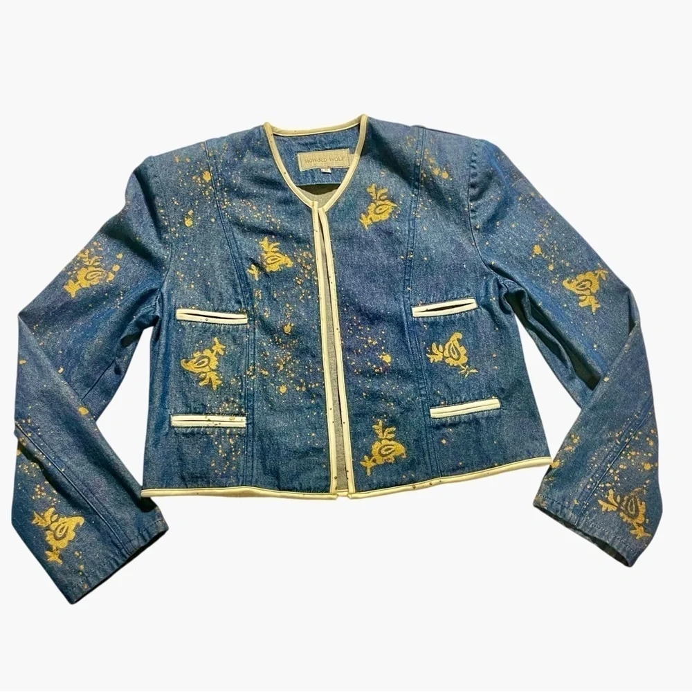 Howard Wolf Vtg Denim Cropped Blazer Jacket Gold Paint Splatter Floral Size 8 - Picture 6 of 9